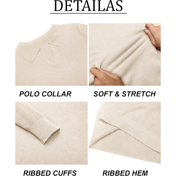 Men's Knit Polo Long Sleeve V-Neck Pullover Sweaters Collared Knitted Beige - Picture 6 of 6